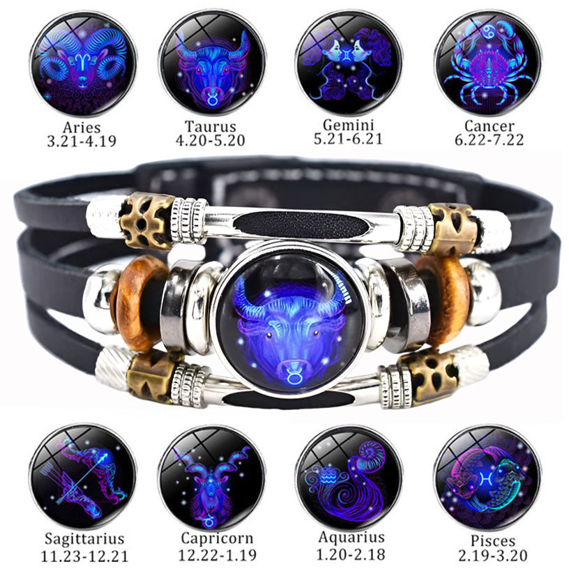 💥Buy one, get one free☪️Glow-in-the-dark zodiac sign leather wristbands for men and women