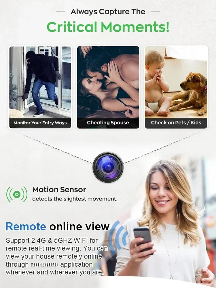 📸  1080P Mini Wireless Camera Coin-sized, install anywhere, remote real-time monitoring via smartphone.