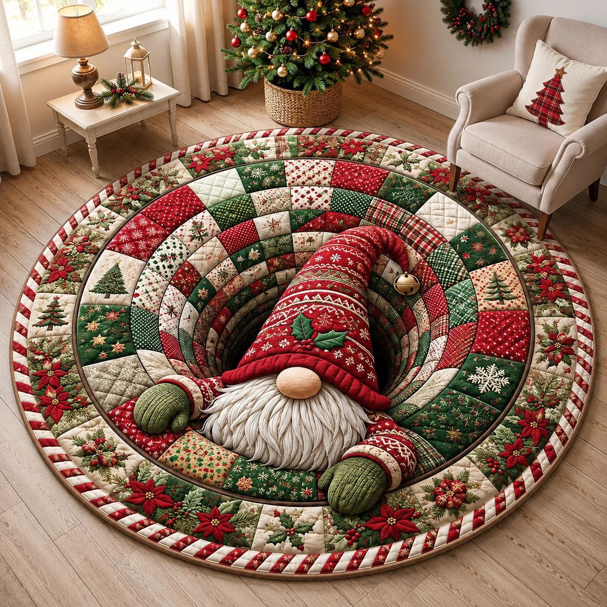 🎄3D Christmas Gnome Optical Illusion Round Rug | Fun Festive Home Decor Must‐Have⭐🏠🎁