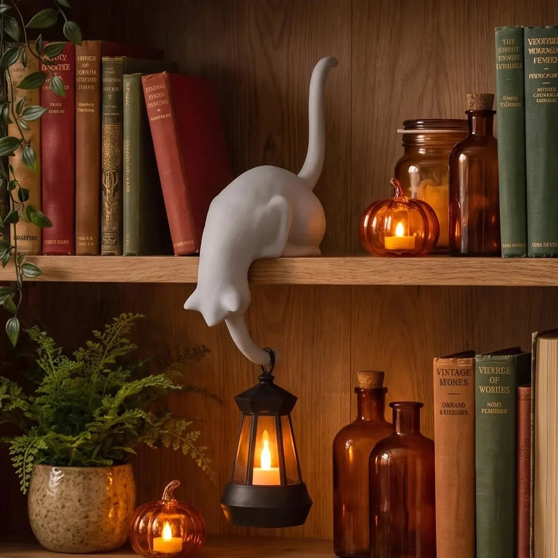 🐈‍Cute cat figurine for your bookshelf with an LED light – A cute decoration for your bookshelf and a handy key hoo