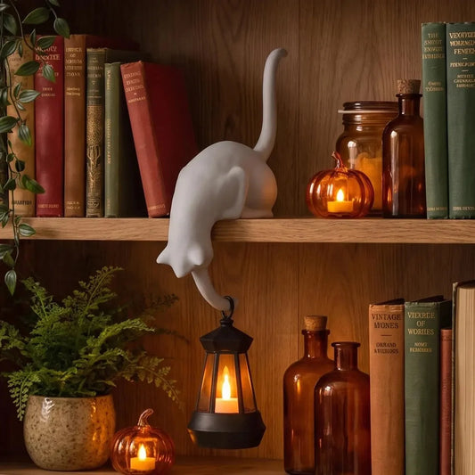 🐈‍Cute cat figurine for your bookshelf with an LED light – A cute decoration for your bookshelf and a handy key hoo