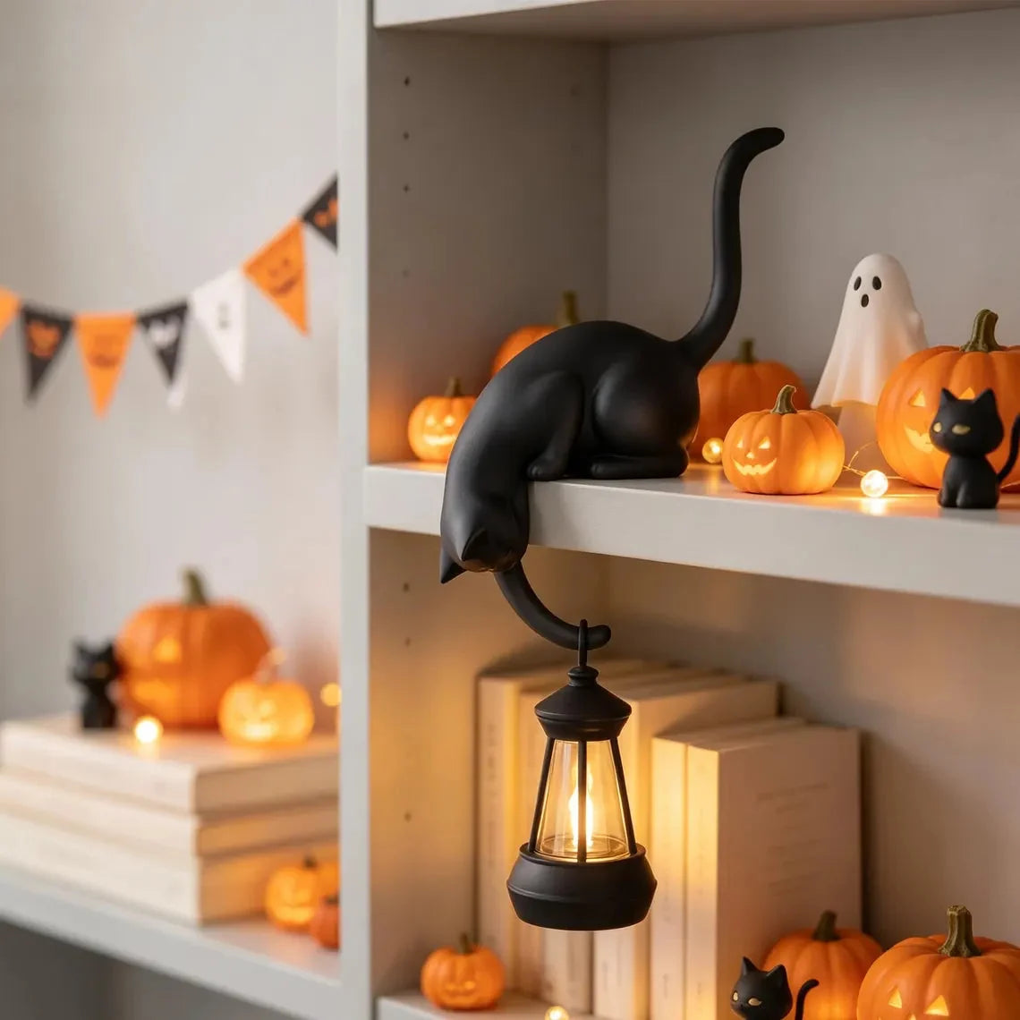 🐈‍Cute cat figurine for your bookshelf with an LED light – A cute decoration for your bookshelf and a handy key hoo