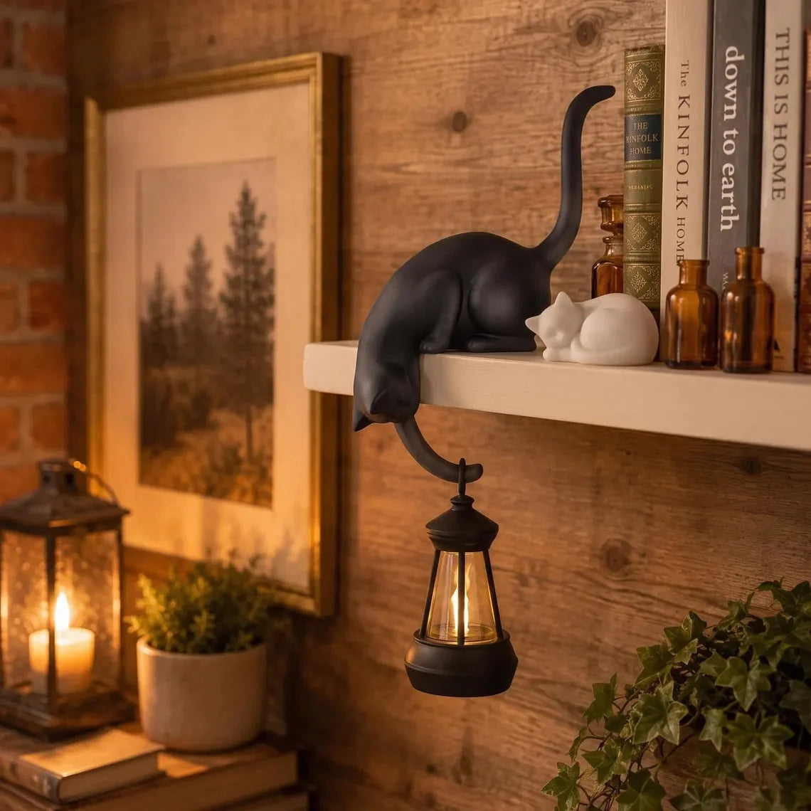 🐈‍Cute cat figurine for your bookshelf with an LED light – A cute decoration for your bookshelf and a handy key hoo