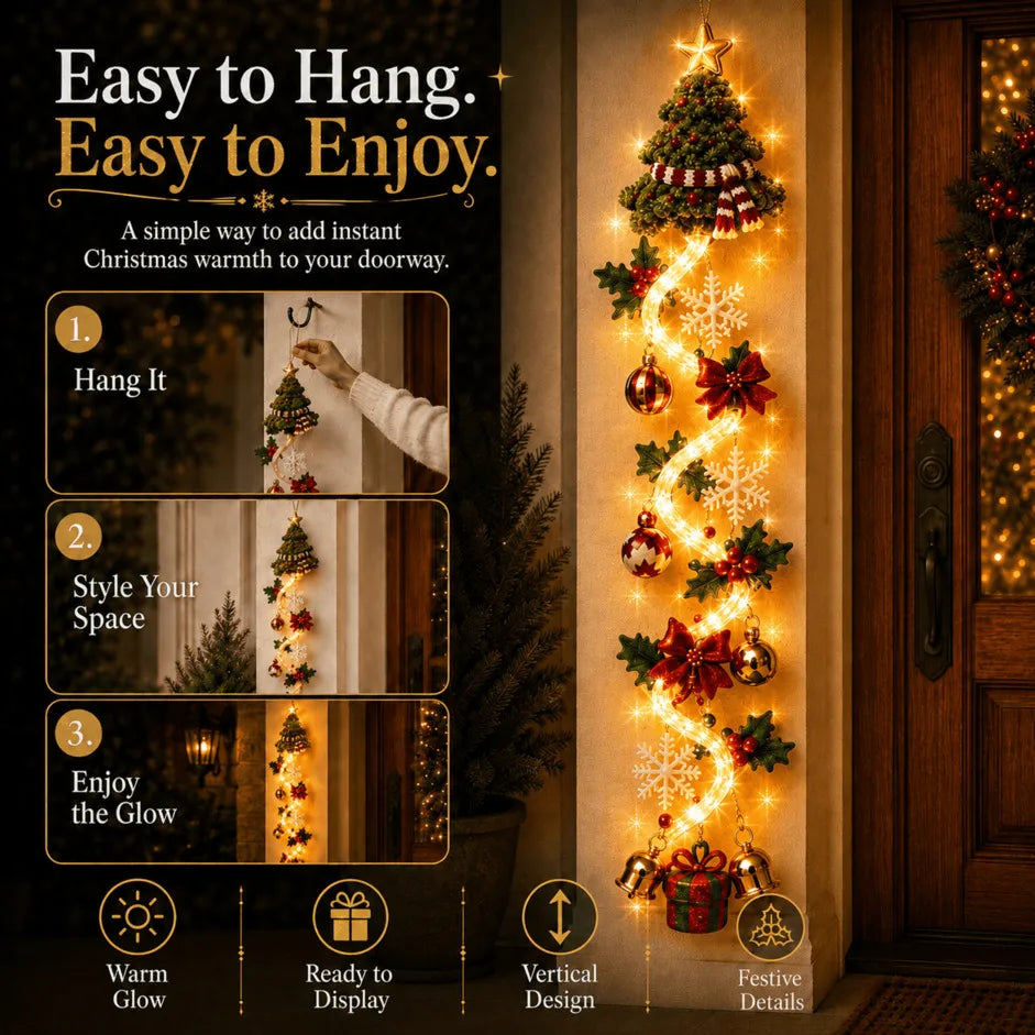 🎄MerryCascade™ Glowing Christmas Door Hanger | 6 Festive Lighted Designs with Warm Glow, Dimensional Details & Space-Saving Vertical Décor ✨