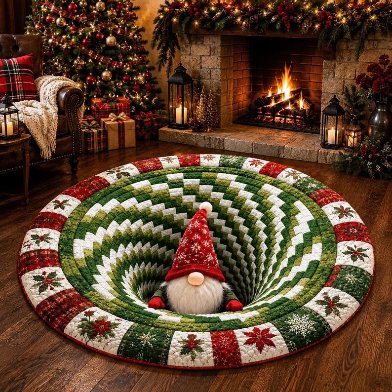 🎄3D Christmas Gnome Optical Illusion Round Rug | Fun Festive Home Decor Must‐Have⭐🏠🎁
