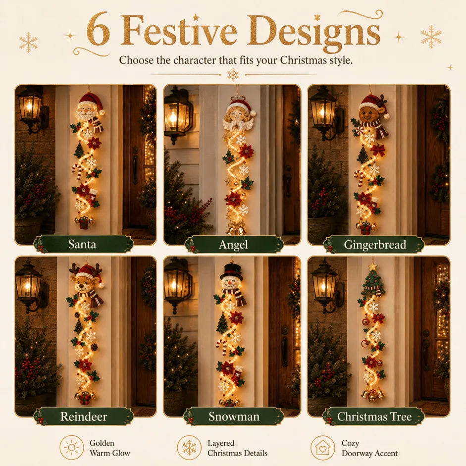 🎄MerryCascade™ Glowing Christmas Door Hanger | 6 Festive Lighted Designs with Warm Glow, Dimensional Details & Space-Saving Vertical Décor ✨
