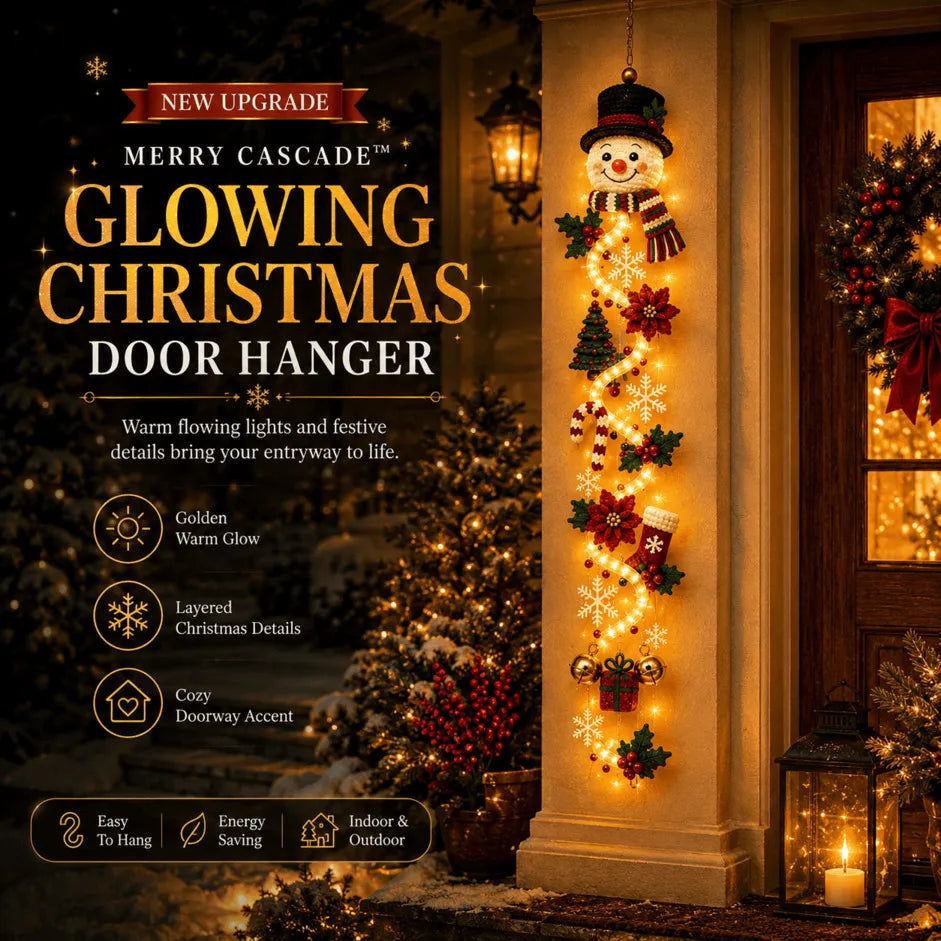 🎄MerryCascade™ Glowing Christmas Door Hanger | 6 Festive Lighted Designs with Warm Glow, Dimensional Details & Space-Saving Vertical Décor ✨