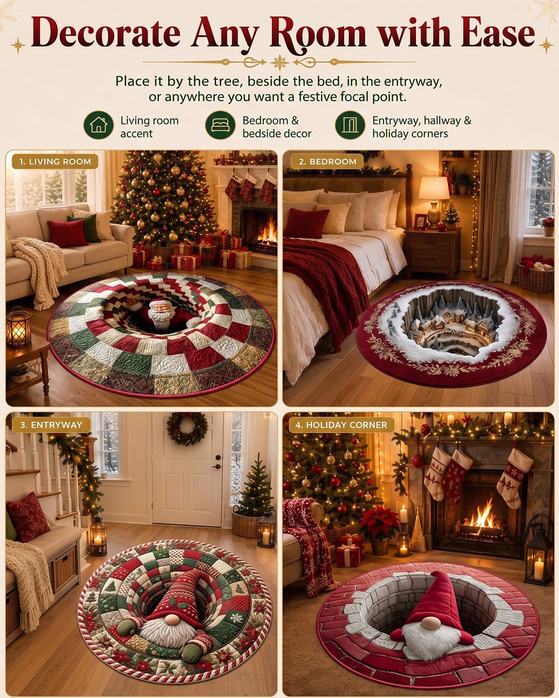 🎄3D Christmas Gnome Optical Illusion Round Rug | Fun Festive Home Decor Must‐Have⭐🏠🎁