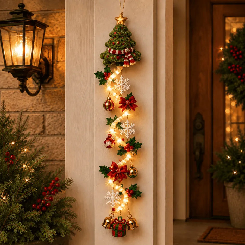 🎄MerryCascade™ Glowing Christmas Door Hanger | 6 Festive Lighted Designs with Warm Glow, Dimensional Details & Space-Saving Vertical Décor ✨