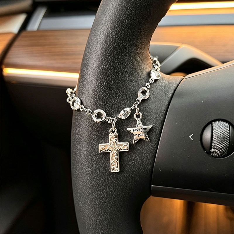 🏆 Last Day Special Price £9.99 ! 🎁Vintage Alloy Car Interior Charm – Cross & Star Pendant